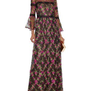 Marchesa Notte Lace-trimmed embroidered metallic Swiss-dot tulle gown